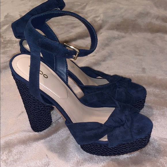 NWOT Aldo Suede Navy Leather Rope Wrapped Platform Chunky Heels Nautical 6 Woven - Picture 2 of 14